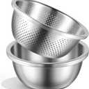 304 Stainless Steel Colander 3.5QT Microporous Colander and Large Bowl, Rice-Strainer with Salad Mixing Bowl Rice Washer Strainer Bowls for Washing Vegetables, Fruit and Rice, Dishwasher Safe(2PCS)
