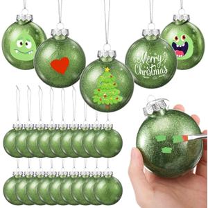 Patelai 24 Pcs Plastic Flat Disc Ornaments for Crafts 3.15" DIY Fillable Hanging Ornament Christmas Tree Ball for DIY Crafts Holiday Xmas Tree Home Decor (Glitter Green,Oblate Spheroid)