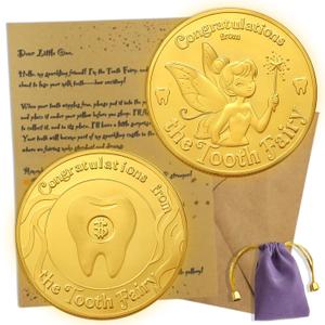 Tooth Fairy Gifts for Boys & Girls,Tooth Fairy Coins Keepsake Kit, Golden Tokens with Tooth Pouch,Letter from Tooth Fairy (1pc-Bag Set)