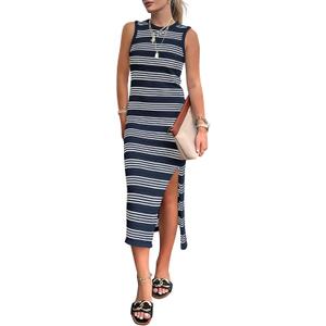 PRETTYGARDEN Women's Summer Bodycon Sundresses Casual Midi Sleeveless Hollow Out Knit Side Slit Striped Long Tank Dress (Striped Navy White, Medium)