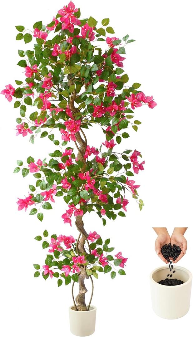 Warmplants 6ft Artificial Bougainvillea Tree, Fake Bougainvillea Pink Flower Silk Plant in White Planter, Faux Blooming Topiary Tree for Indoor Outdoor Home Office Wedding Décor