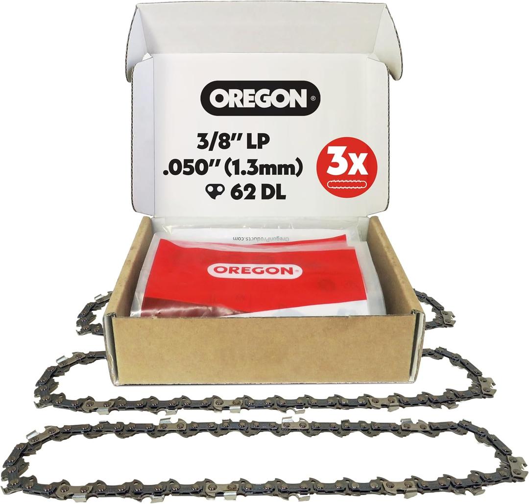 Oregon 3-Pack Chainsaw Chain 3/8" LP Pitch, .050" (1.3 mm) Gauge for 18" (45cm) Bar, 62 Drive Links  Low-kickback Replacement Saw Chain, Fits Husqvarna, Echo, Poulan, Homelite, Craftsman and more