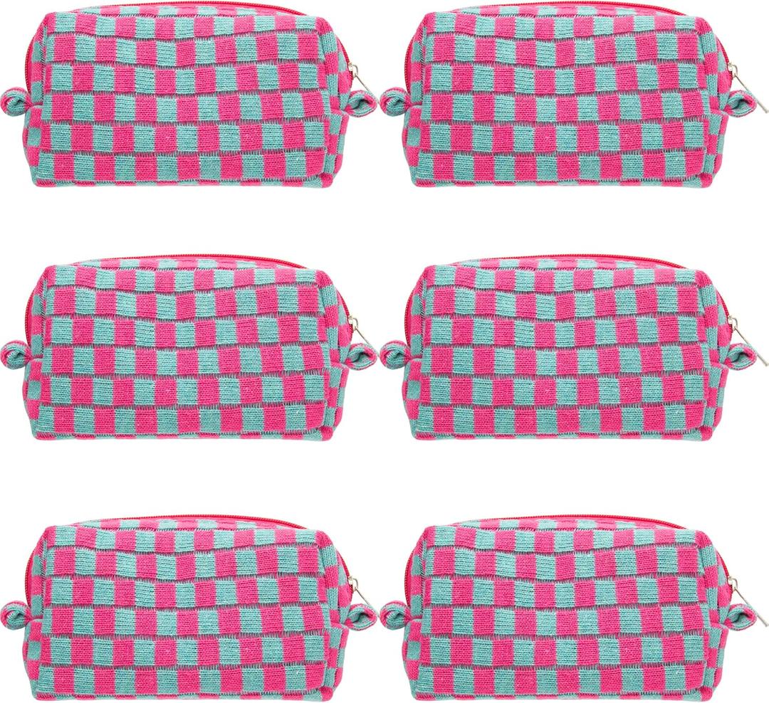 PAZIMIIK Checkered Makeup Bag for Purse Portable Zipper Make Up Pouch Small Cosmetic Case for Travel Accessories (6PCS Magenta Green)