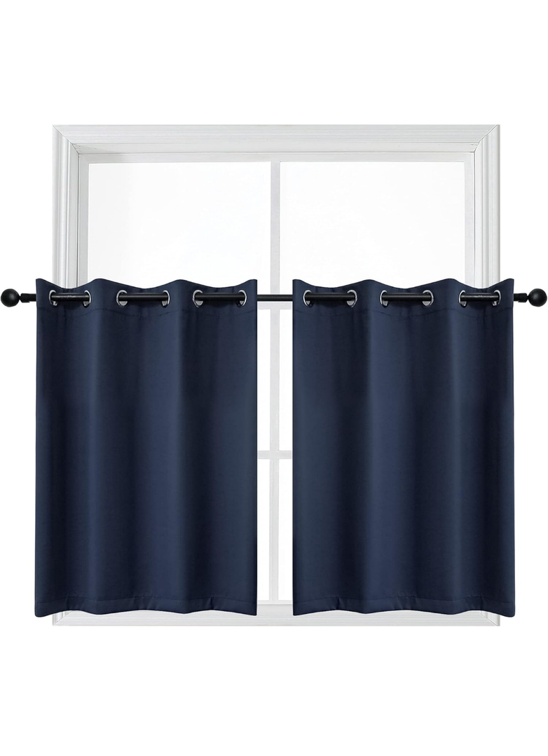 YGO Navy Blue Blackout Curtain Tiers Light Block Energy Saving Drapes Set Blinds Grommet Top Window Valances for Kitchen 52 inch W x 36 inch L 2 Pieces