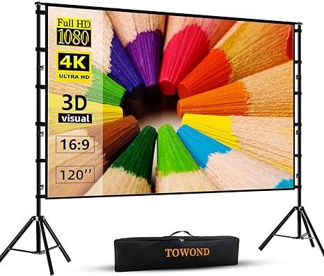 TOWOND Projector Screen and Stand, 120 inch Outdoor Projection Screen, Portable 16:9 4K HD Rear Front Movie Screen with Carry Bag Wrinkle-Free Design for Home Theater Backyard Cinema