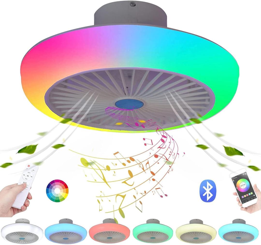 Ceiling Fans with Lights and Remote Bluetooth, RGB Dimmable LED Enclosed Ceiling Fans for Kids Room, with Bluetooth Speaker And 3 Colors Led Light, 3 Wind Speed & App-Timing Setting, White 17.7''