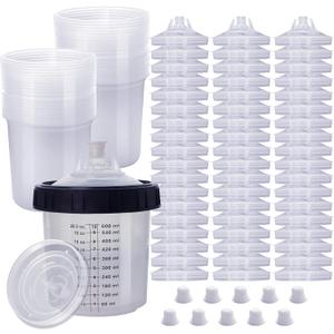 Disposable Paint Cups for Automotive Paint GunHVLP Paint Spray Paint Gun 20 Ounce (600ml) Kit with 55 Cups and Lids System, 1 Hard Cup with Retainer Ring and 10 Plugs