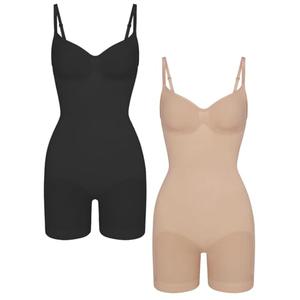 EUYZOU 2PK Shapewear Bodysuit for Women Tummy Control Seamless Sculpting Body Shaper Top- Black/Skin XS/S