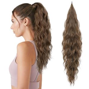 Flufymooz Ponytail Extension, Flexible Wrap Around Ponytail Extension Long Wavy Curly Ponytail Hair Extensions Natural pony tail Synthetic Hairpiece for Women 26 Inch ((Light Brown)