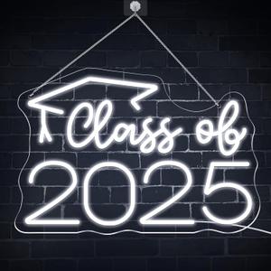 Class of 2025 Neon Sign with Graduation Cap, Cold White Graduation Class of 2025 Light Up Sign for Wall Decor,USB Powered Adjustable Brightness Led Sign for 2025 Grad Party Backdrop Decorations