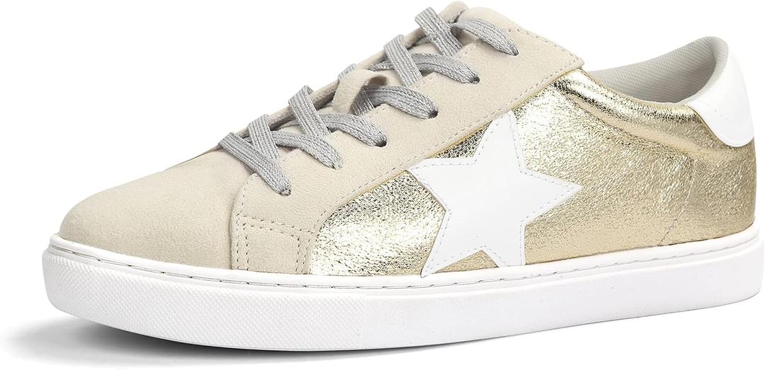 PARTY Women's Fashion Sneaker Lace Up Low Top Comfortable Cushioned Walking Shoes, Podcast, Gold Met, 8.5