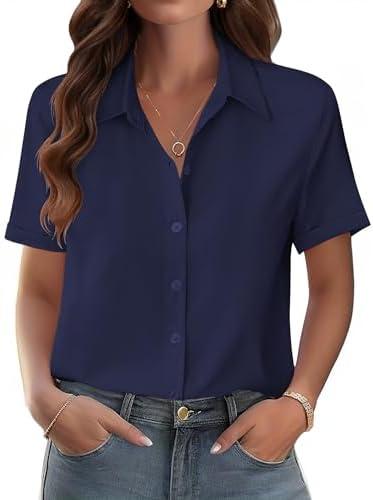 Zeagoo Womens Button Down Blouse Rolled Cuffed Short Sleeve Shirts Casual Work Blouse Summer Hawaiian Outfits, L