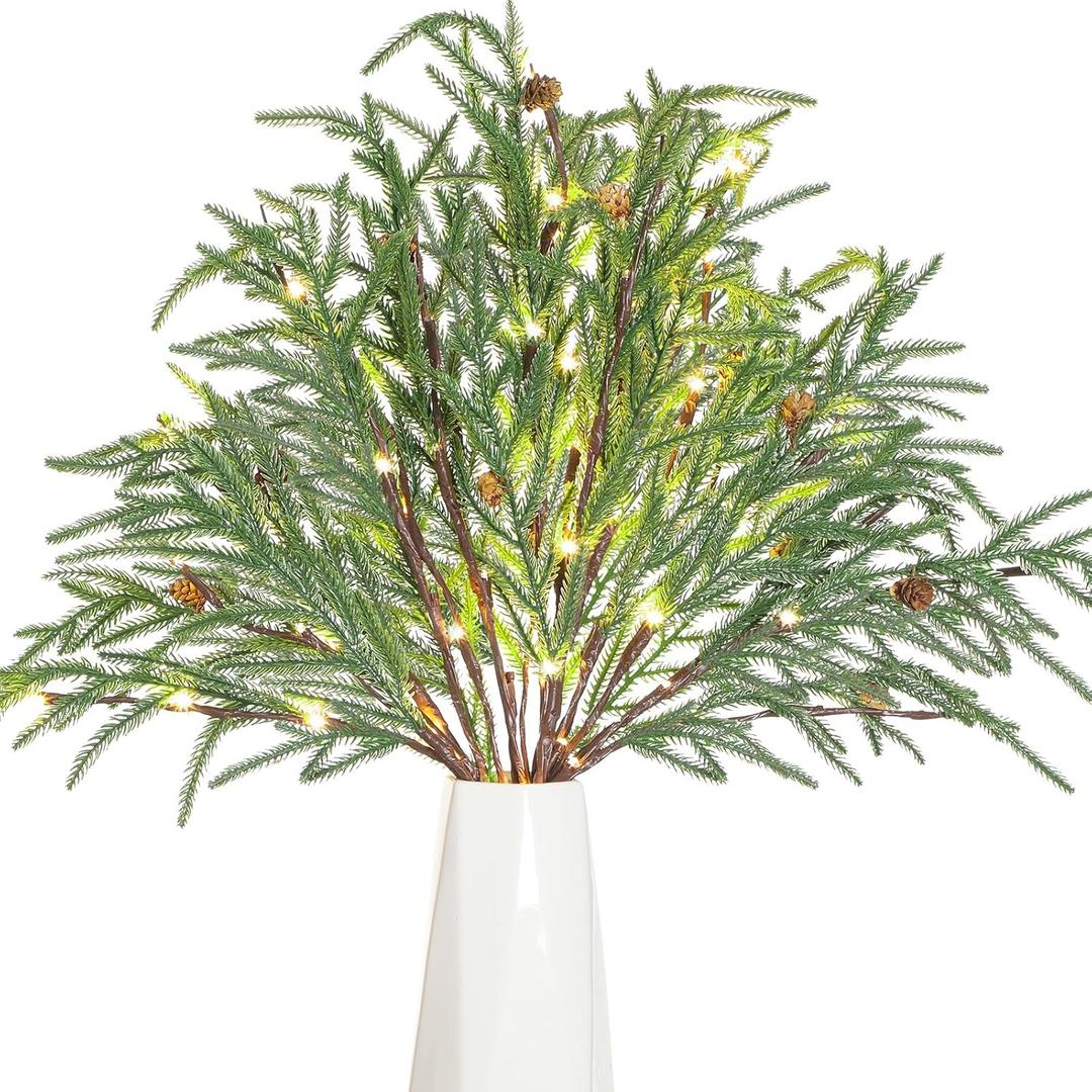 4 Pcs 31 Inch Lighted Faux Cedar Branches Christmas Norfolk Pine Branches Artificial Cedar Picks and Sprays LED Light Greenery Stems for Winter Christmas Vase Decor (Fresh Style)