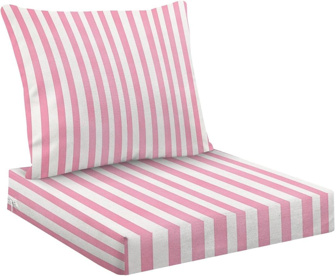 Outdoor Deep Seat Cushion Set 24 x 24 Inch, Pink White Striped Waterproof Patio Furniture Lounge Chair Cushions for Wicker Seat Sofa Couch (Multi11)