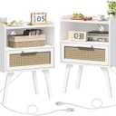 Lerliuo Rattan Nightstands Set of 2 with Charging Station, White Bedside Table with Drawer Open Shelf, Cane Accent Side End Table with Solid Wood Legs, Night Stand for Bedroom, Dorm and Small Spaces