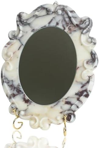 DUANYAN Marble Vintage Makeup Mirror with Stand, Oval Antique Vanity Mirror for Dresser, Baroque Tabletop Mirror for Bedroom/Living Room/Desk, 2-in-1 Mirror & Tray (12.8'' x 9.8'' Calacatta Viola)