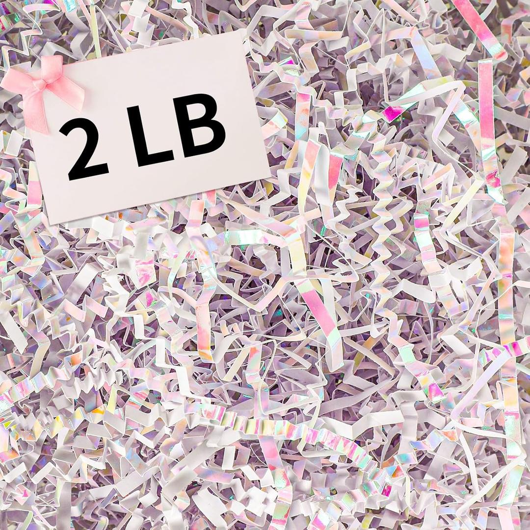 woric 2 LB Crinkle Cut Paper Shred Filler, Iridescent White Crinkle Paper Shred Baskets Filler Shredded Paper for Gift Box Filling Mother's Day Baby Shower Birthday Wedding