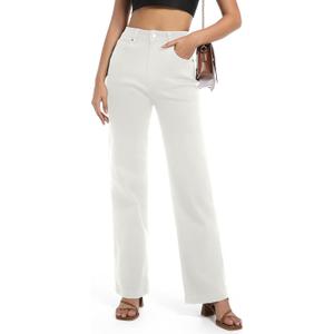Women's Jeans High Waisted Straight Leg Stretchy Jeans Trendy Wide Leg Tummy Control Loose Casual Denim Pants (White, US 8)
