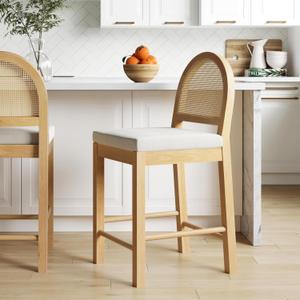Nathan James Bailey Upholstered Rattan Bar Stool in Oak Finish Frame, Counter Height Stool with Natural Rattan Woven Back For Kitchen Island, Brown (Light Brown/White)