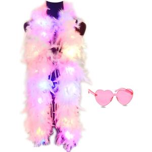 Colorful Feather Boas, 6.6ft Boa with 20 Color Lights for Women for Dancing Party Halloween,with Heart Sunglasses (Pink)