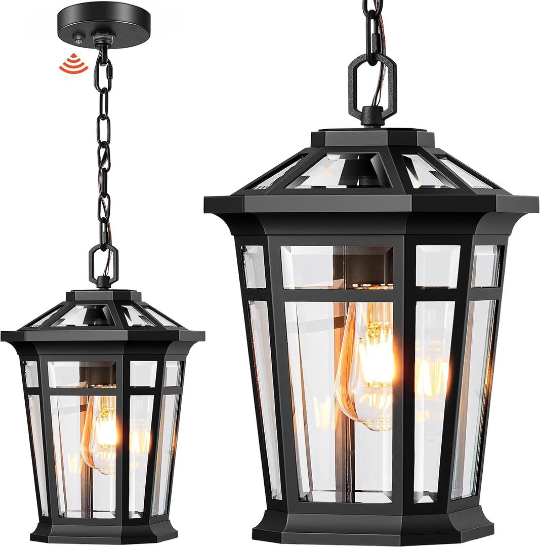 Gleamz Large Dusk to Dawn Outdoor Hanging Lights, Black Outdoor Chandelier Fixture, Aluminum Outside Pendant Sconce, Outside Ceiling Light for Porch, Entryway, Garden, Garage, 1-Pack, Hardwired, 9" Large Size