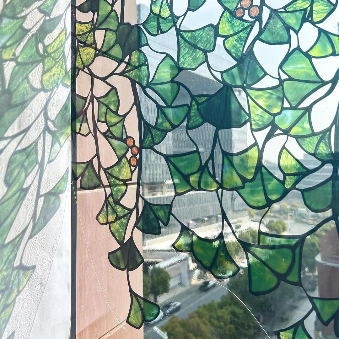 Original Hand Drawn Window Privacy Film, Double Sided Static Cling for Glass Window Green Ginkgo Cascade 22.83×51.18"