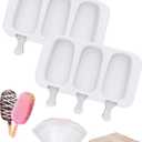 Ouddy Life Popsicle Molds Set of 2, Ice Pop Molds Silicone 4 Cavities Ice Cream Mold Oval Cake Pop Mold with 50 Wooden Sticks for DIY Popsicle, White