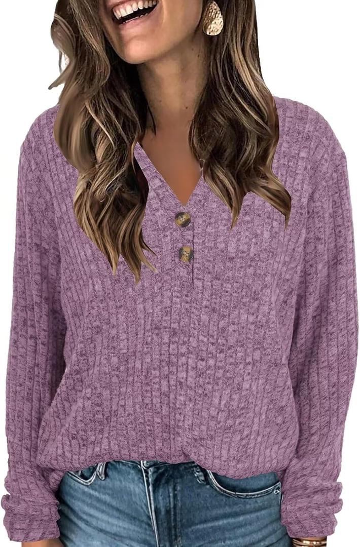 V Neck Sweaters for Women Long Sleeve Tunic Tops Knitted Casual Loose Pullover Sweaters (Small, Purple)