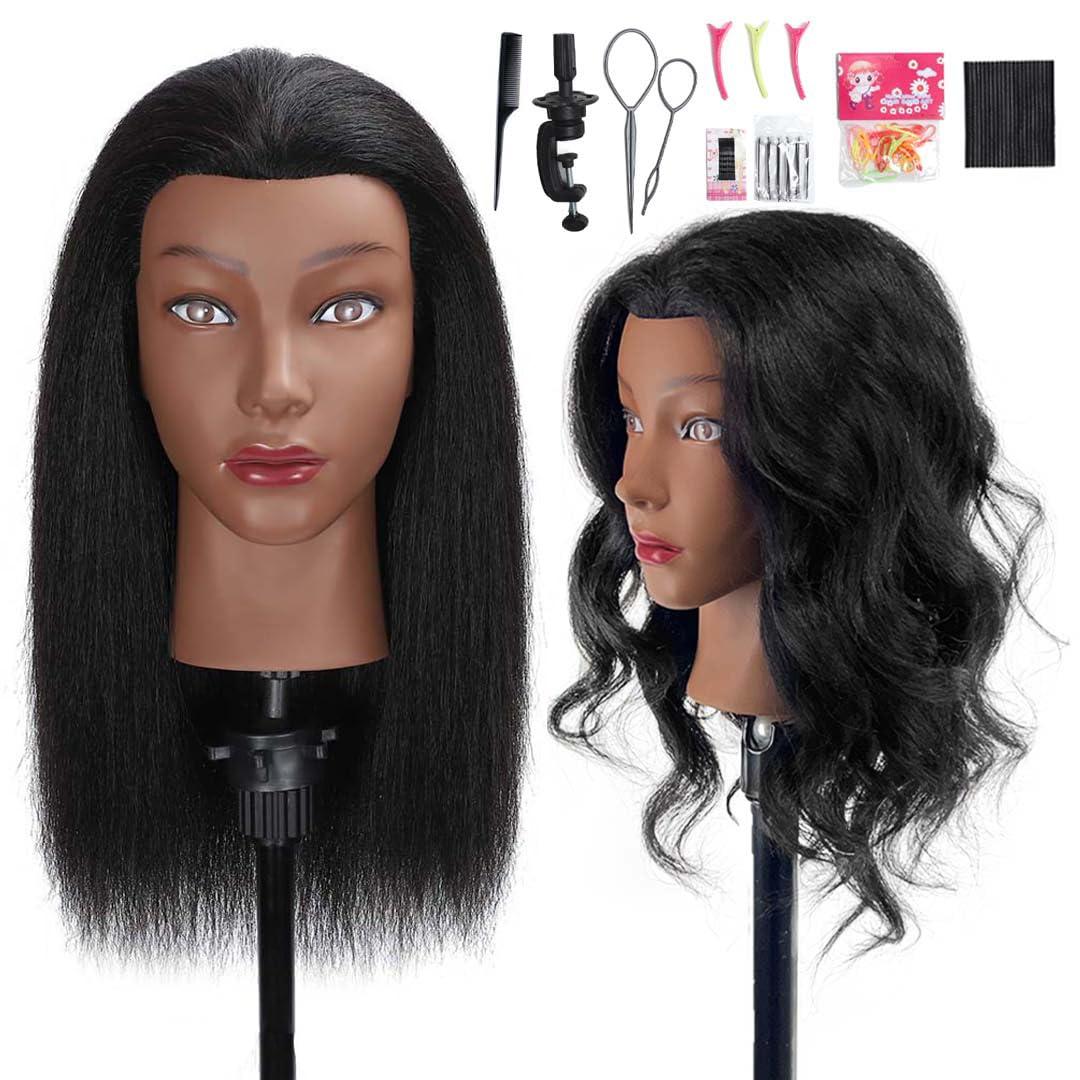 100% Mannequin Head Human Hair, 16" Human Hair Cosmetology Manikin Head for Hairdresser Practice Braiding with Free Clamp Holder and Tools (16 Inch)