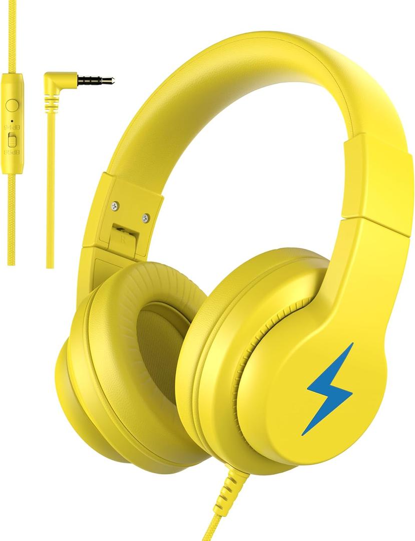 Candy Bila Kids Headphones, Wired Headphones for Kids Over Ear with Microphone, 85/94dB Volume Limiter Headphone for Girls Boys, Foldable Headphone for Learning & Entertainment, Yellow