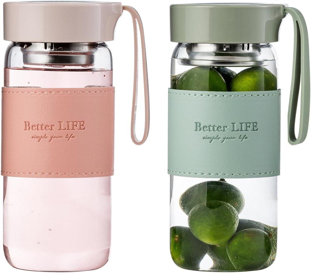 Glass Tea Bottle 16 oz Drinking Bottle with Non-Slip Holster, and Stainless Tea leak, Leak Proof Lid, Portable Glass Water Bottle for School, Office, Car, Home, as a gift, etc (Green+Pink)