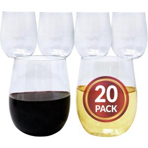 Reli. (20 Pack Disposable Wine Glasses 12 oz | Stemless Plastic Wine Glasses for Parties | BPA-Free, Shatterproof Plastic | Clear Drinking Party Cups for Cocktails, Whiskey, Wedding