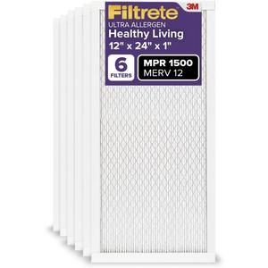 Filtrete 12x24x1 AC Furnace Air Filter, MERV 12, MPR 1500, CERTIFIED asthma & allergy friendly, 3 Month Pleated 1-Inch Electrostatic Air Cleaning Filter, 6-Pack (Actual Size 11.69x23.69x0.78 in)