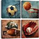 4PC Sports Canvas Wall Art Framed Boys Room Decor Rustic Football Baseball Basketball Soccer Wall Decor Sport Theme Posters Vintage Canvas Prints Picture Artwork Playroom Boys Bedroom Decor (Multi325)