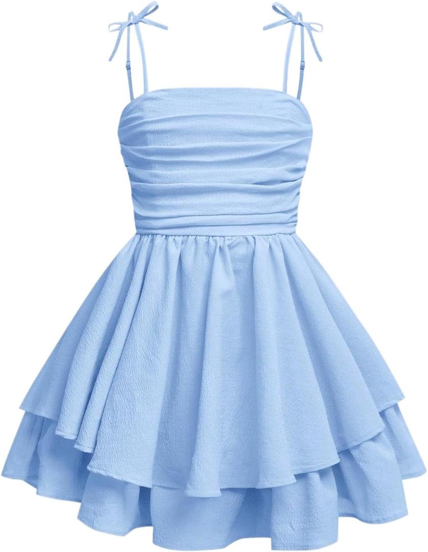 RoseSeek Girl's Flowy Cami Dress Ruched Sleeveless Pink Layered Ruffle Kawaii Short Smocked Summer Dresses, Light Blue, 14 Years