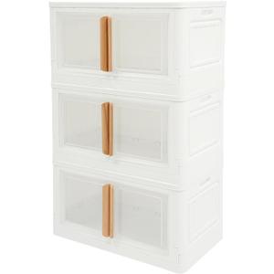 3 Tier Foldable Storage Cabinets, Stackable Storage Bins with Doors and Lids Closet Organizers and Storage with 4 Wheels Collapsible Plastic Storage Bins for Bedroom Dorm Home 25.6*14.9*40.9in