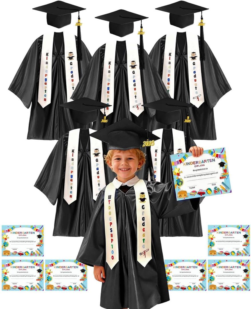 6 Set Shiny Kindergarten Graduation Cap and Gown Set with Stole, 2026 Tassel and Diploma Certificate, Pre-K Graduation Robe Small
