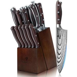 Knife Set 16 pcs, Japanese Kitchen Knife with Block High Carbon Stainless Steel Ultra Sharp Knife for Kitchen, Professional Chef Knife Set with Sharpener