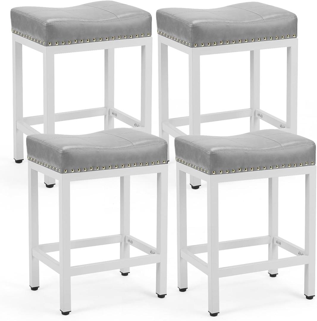DUMOS Saddle Bar Stools Set of 4, 24 Inch Counter Height Stools with Curved PU Leather Surface, 3.7" Thick Upholstery Bar Height Stools with Footrest for Kitchen Island, Dining, Cafe, Gray