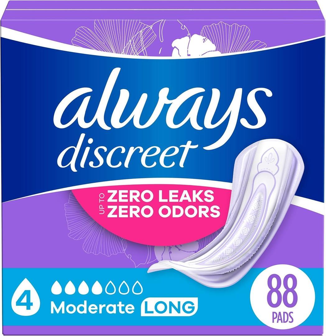 Always Discreet Adult Incontinence Pads for Women, Moderate Absorbency, Long Length, Postpartum Pads, 88 CT