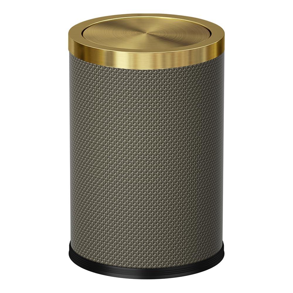 2.4 Gallon Bathroom Trash Can with Lid, Pu Leather Modern Garbage Can, Round Decorative Waste Basket, for Near Desk, Powder, Bedroom, Hotel, Office, Home (9L-Checked Grey)