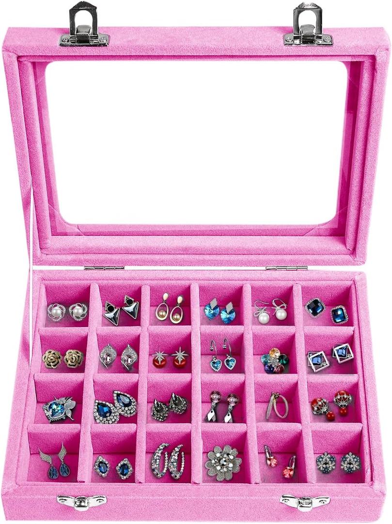 Velvet Jewelry Box 24 Grid Jewelry Earrings Display Organiser Box Ring Tray Holder Earrings Storage Case for Girls Wife Mom Women (Light Pink)
