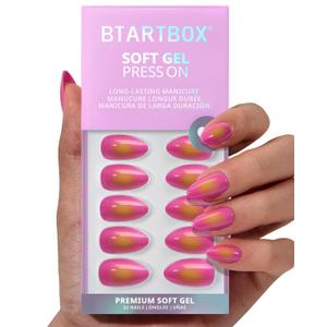 BTArtbox Press On Nails Short - Sunset Pop, Easy-to-Apply Hot Pink and Yellow Almond Press On Nails with Glue and Adhesive Tabs in 16 Sizes - 32 Nails All-in-One Kit