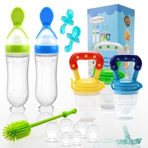 Food Feeder Baby Fruit Feeder Pacifier (3 Pcs) with 6 Different Sized Silicone Pacifiers 2 PCS Silicone Babies Food Dispensing Spoon 90ML with 2 Baby Spoons Bottle Brush Pacifier Clip (01-Multicolor)