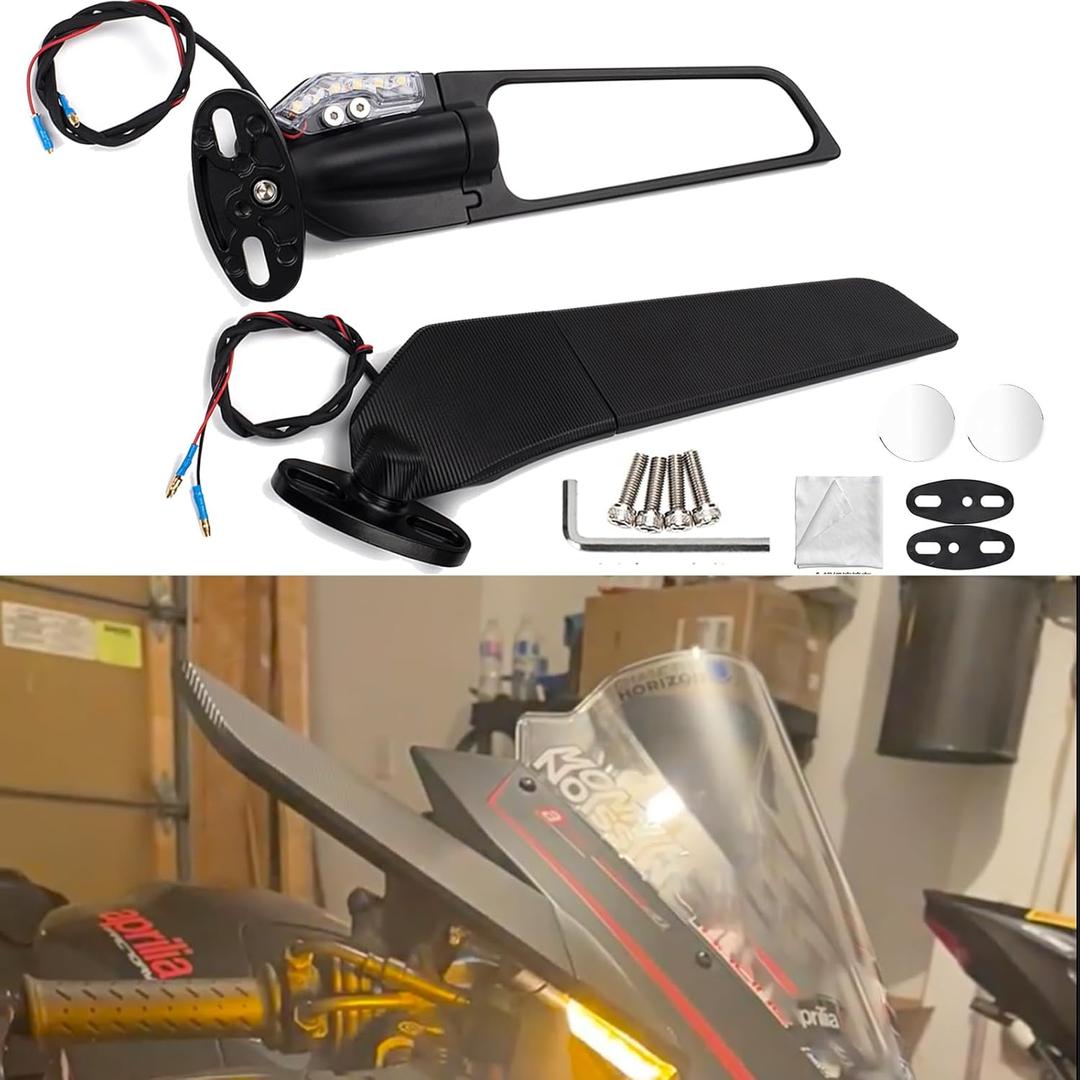 XINGWU Motorcycle Wing Mirrors with LED Turn Signal Adjustable Rotating Stealth Mirrors Rearview Mirror Side Mirrors Amber Light for Ninja Honda Yamaha Suzuki, Black, M11150001307