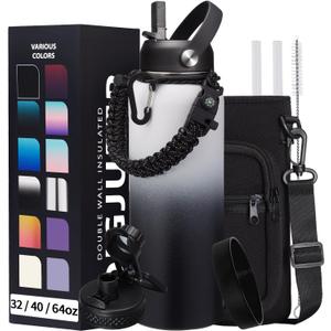Stainless Steel Water Bottle 40oz with Straw & Auto Spout Lids, Paracord Handle, Insulated Water Flask Carrier Bag & Protective Boot, Thermo Bottle Mug Metal Canteen Keep Cold-48H & Hot-24H (White Black Gradient)