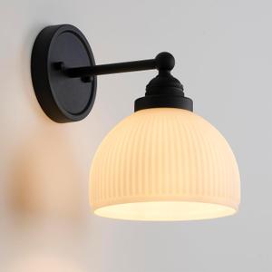 Vintage Wall Sconce 1-Light with White Striped Glass Globe Shade, Indoor Wall Mounted Lamp Fixture for Living Room Bedroom Kitchen Hallway (Black)
