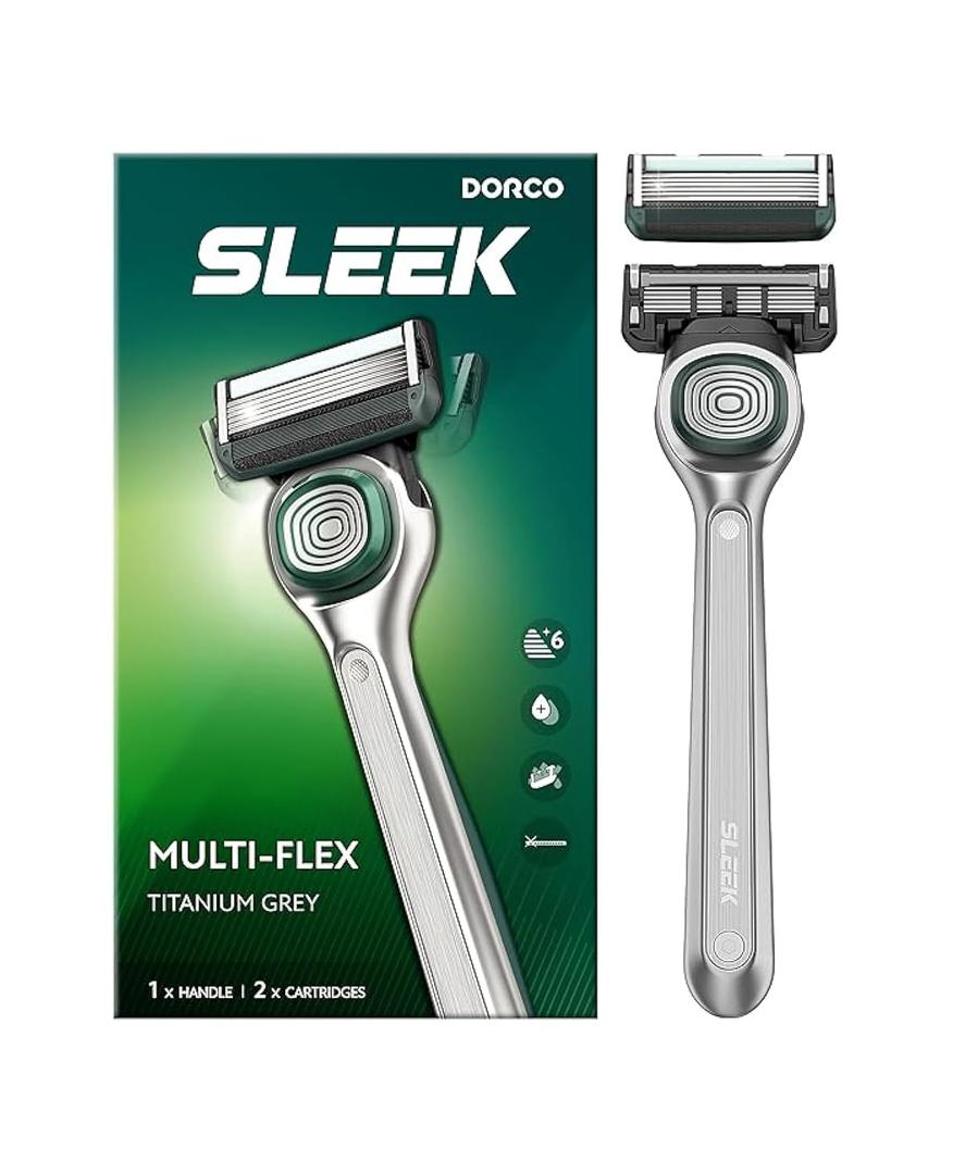 DORCO SLEEK 6 Blade Razor for Men with 2 Cartridges | Men's Cartridge Razors with Razor Handle and Smooth Shaving Blades | Mens Razors with Multi-Flex Technology