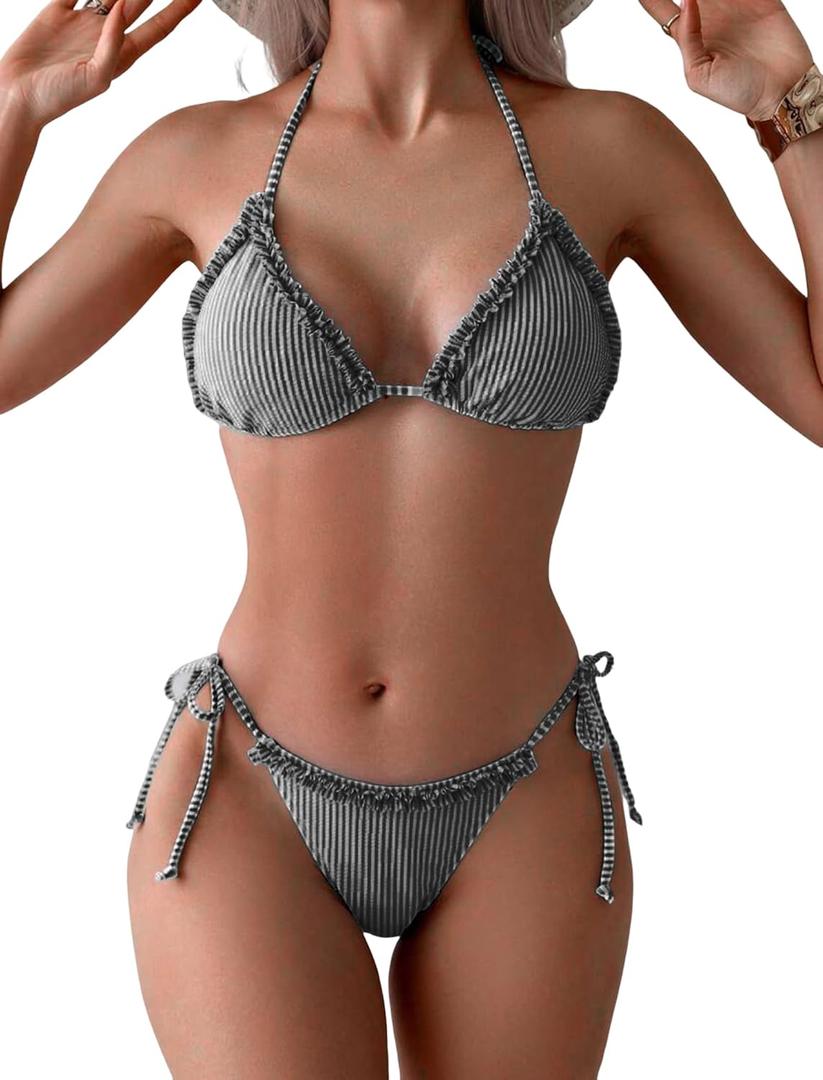 ZAFUL Women Ruffle Trim Triangle Bikini Sets Halter String 2 Piece Swimsuits High Cut Bathing Suits (X-Large, 0-black)