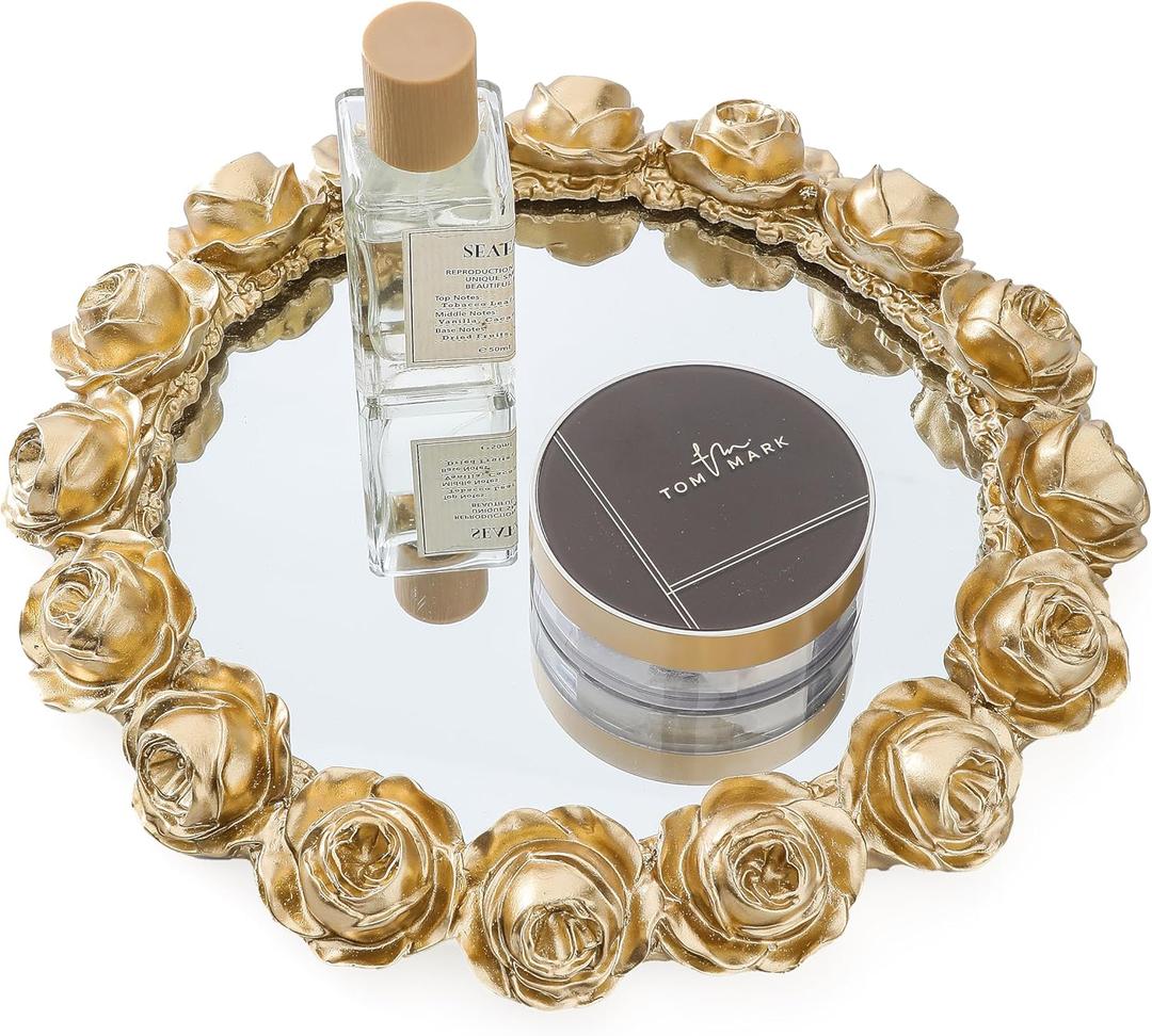 Gold Rose Mirrored Vanity Tray - Ornate Makeup Vintage Round Perfume Dresser Jewelry Trinket Organizer for Bathroom Storage Home Decor